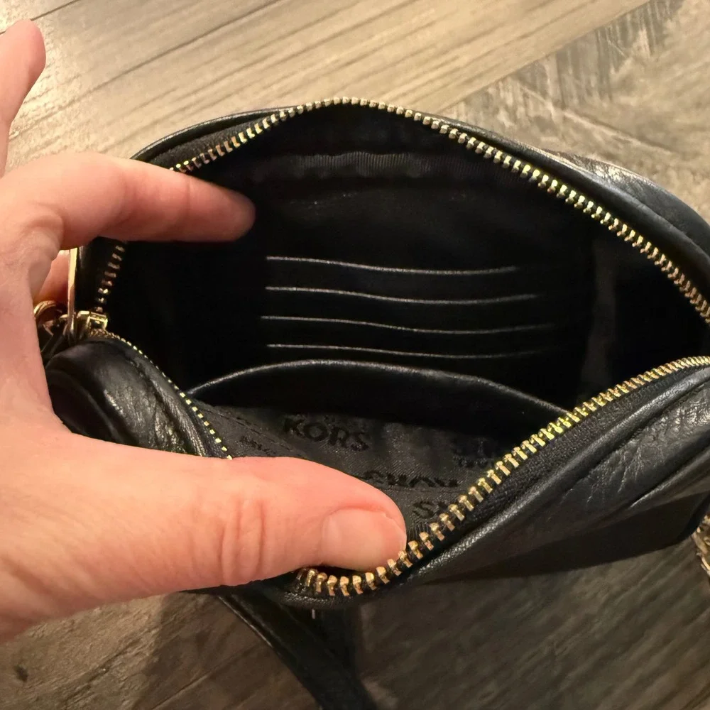 Michael Kors Black Pebbled Leather Crossbody‎ Camera Bag Gold Chain Strap